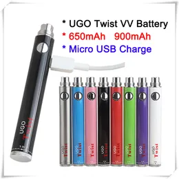 Ugo Twist Vaporizer Vairiable Spänning Ecig Ångpenn Batteri 650 900 mAH 510 tråd EVOD Twist Vision Spinner Vape Ego Micro USB-laddare