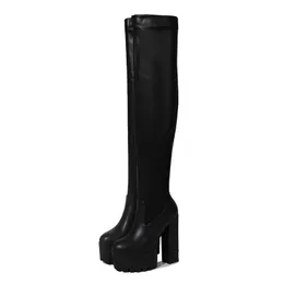 Kvinnor 15 cm 944 Sexig LTARTA tjock över kvinnlig högklackad vattentät plattform PU Knee High Square Heels Boots MX200508 366