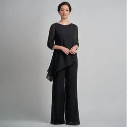 Cheap Black Long Sleeves Mother Of The Bride Pant Suits Jewel Neck Tiered Wedding Guest Dress Plus Size Chiffon Mothers Groom Dresses