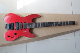 Fabriksanpassad metall röd huvudlös elektrisk gitarr med ssh pickup, svarta hårdvara, rosewood fretboard, erbjuder skräddarsydda tjänster