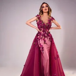 2020 vestidos de noite de sereia com trem destacável luxo 3-D floral apliques pérola frisada puro v pescoço feito personalizado vestidos de baile