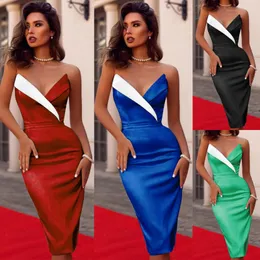 Nowy Styl Suknie Damskie Wakacje Sexy Off Ramię Letnie Party Skinny Bez Ramiączek Długa Patchwork V Neck Sukienka Moda Hot 2019