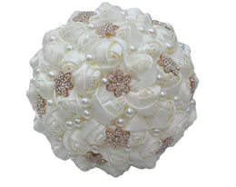 2020 Champagne Soft Satin Bouquet Brooches For Bridal Bouquets Pearls Crystal Flowers Bridesmaid Hand Holding Wedding Decoration Accessories