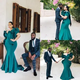 Hunter Green African Mermaid Evening Dresses Plus Size Short Sleeve Ruffles Prom Dresses Floor Length Cheap Formal Evening Bridesmaid Gowns