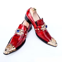 Italian Men Business Shoes Pointed Toe Formal Dress male paty prom shoes Metal Charm Genuine Leather Party Men Shoes Red