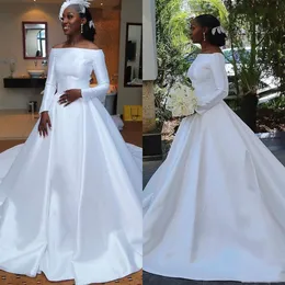 크기 아프리카 플러스 새틴 드레스 어깨 스윕 트레인 롱 슬리브 우아한 웨딩 드레스 커스텀 제작 저렴한 신부 가운