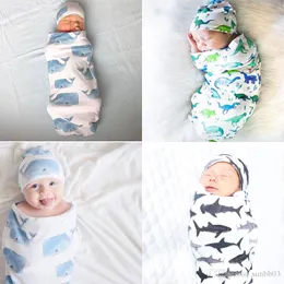 Ins Infant Baby Swaddle Cartoon Sleeping Bags Baby Boys Girls Muslin Blanket + Hat 2pcs Set Newborn Baby Soft Cotton Cocoon Sleep Sack A535