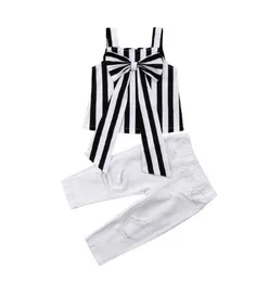 2019 Toddler Kids Baby Girl Summer Outfits Tops Big Bow Stripe Strap Tops + White Hollow Pants 2PCS Baby Girls Clothes Set