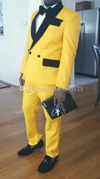 Newest Double Breasted yellow Wedding Groom Tuxedos Shawl Lapel Groomsmen Mens Dinner Blazer Suits (Jacket+Pants+Tie) NO:1835