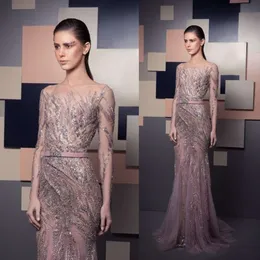 Ziad Nakad Gorgeous Evening Dresses Bateau Neck Lace Appliques Beads Sequins Illusion Long Sleeve Prom Gowns Sheath Formal Party Dresses