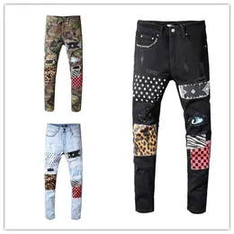 Luksusowe Męskie Designer Dżinsy Camouflage Ripped Skinny Jeans Spodnie Leopard Patchwork Designer Spodnie Nit Motocykl Dżinsy US Rozmiar 2940