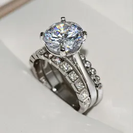 2019 nova chegada venda quente jóias de luxo 925 esterlina prata rodada corte branco 5a cúbico zirconia cz diamond 3 pcs casamento mulheres banda anel presente