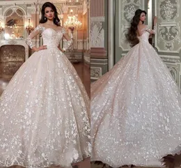 Dubai Arabska Księżniczka Suknie Ślubne Suknie Ślubne 2020 Wspaniała Koronka Z Długim Rękawem Jewel Neck Suknia Bridal Sąd Pociąg Vestidos de Novia Al5327