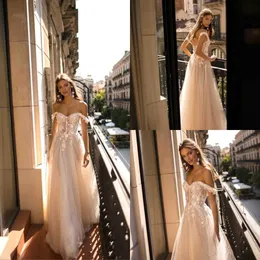 Sexig Ny Berta Boho Bröllop Klänningar En Linje Av Axel Lace Appliques Sexig Backless Custom Wedding Bridal Gowns BC2875