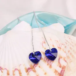 Wholesa Style 925 Sterling Silver Earring Serce Oceanu Niebieski Kryształ Love Tassel Drop Kolczyk Biżuteria dla Gorąca Sprzedaż Długa Dynda Line Kolczyk