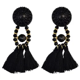 Fashion European Bohemian Gold Plated Beaded Brown Red Black Long Tassel Drop Statement Stud Earrings