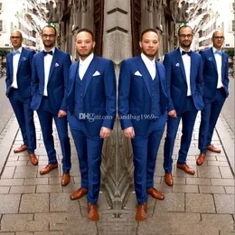 Venda quente Um botão azul noivo Tuxedos Peak Lapel Groomsmen Mens Ternos Casamento / Prom / Jantar Blazer (jaqueta + calça + colete + gravata) K509