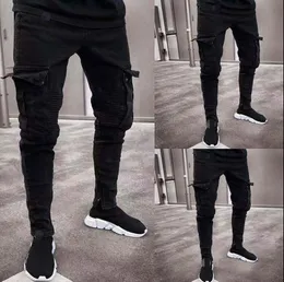 2023ファッションブラックジーンズメンデニムスキニーバイカージーンズが擦り切れたスリムフィットポケットカーゴパンツプラスサイズS-3XL