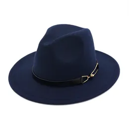 Fashion-Men Women Wool Felt Fedora Hattar med bältesspänne Unisex Wide Brim Jazz Hat Höst Vinter Panama Cap Trilby Chapeau