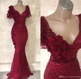 Red Mermaid Dark Evening Dresses New Short Sleeves V Neck Lace Beaded Pearls Arabic Long Party Prom Gowns Robe De Mariee Modest