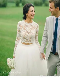 2019 Dostosowane 2 Sztuka Biała Suknia Ślubna Wysokiej Jakości Koronki Boho Czeski Długie Rękawy Bridal Party Dress Plus Size Vestido de Noiva