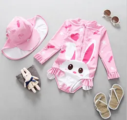 INS Kids Girls siamese swimwear stars love heart rabbit pattern anti-UV swimsuits with hat children long sleeve bathing suits Y1345