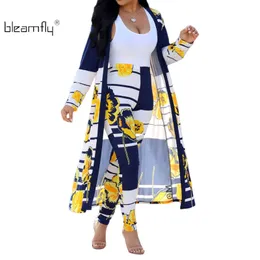 Blå Gul Blomstryck Sexig Två Piece Set Kvinnor Sommar Full Sleeve Striped Maxi Öppna Stitch High Waist Long Byxor Outfit