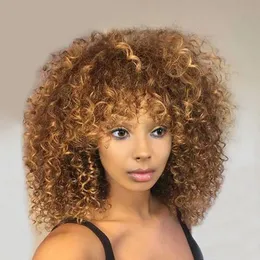 Hotsale simulation brazilian human hair Short Kinky Curly ombre Wig Best African American blonde wig with bangs synthetic heat resistant