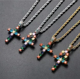 hip hop coloridos diamantes colares cruz pendente para homens, mulheres, Cristianismo de luxo colar de jóias de ouro banhado a cobre de torção cha
