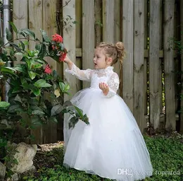 Ucuz Dantel Beyaz Fildişi Güzel Prenses Çiçek Kız Elbiseler Yüksek Boyun Uzun Kollu İllüzyon Tülle Katmanlı Etekler Doğum Günü