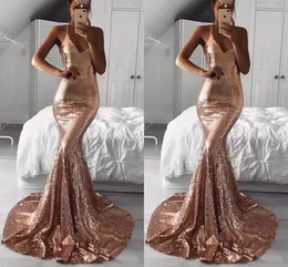 Różowe złoto seksowne tanie syrenka suknie balowe cekinowe długie sukienki bez pleców strój wieczorowy vestidos de fiesta sukienka na specjalne okazje