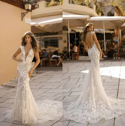 Sexy Berta Mermaid Dresses Backless V Neck Bridal Gowns Sweep Train Beach Wedding Dress Plus Size Vestidos De Noiva Estidos estidos