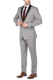Custom Made Made Groomsmen Szal Czarny Lapel Groom Tuxedos Light Grey Men Suits Wedding / Prom / Dinner Best Man Blazer (kurtka + spodnie + krawat) A776