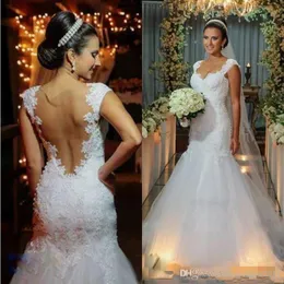 Elegancka biała suknia ślubna syrenka Jewel Capped ramię zroszony koronkowe aplikacje Top Sheer powrót tiulowe suknie ślubne vestidos de novia