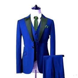 New Classic Style One Button Royal Blue Wedding Groom Tuxedos Peak Lapel Groomsmen Men Suits Prom Blazer (Jacket+Pants+Vest+Tie) 206
