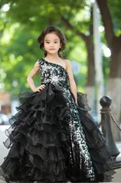 Sparkly Cekinowe Bling Bling Girls Korowód Sukienka Jedno Kryształy Ramię Ruffles Organza Dzieci Urodzinowe Party Suknie Prom Dress Custom Size