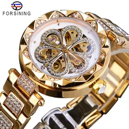 Forsining Mechanische Frauen Uhr Top Marke Diamant Weibliche Uhren Automatische Gold Edelstahl Wasserdichte Damen Uhr