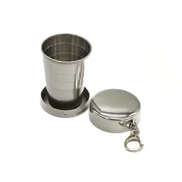 Zusammenklappbare Becher aus Edelstahl mit Tasche, einziehbare Reisebecher mit Schlüsselanhänger zum Aufhängen, Halter für Outdoor-Sport-Wasserflaschen, Trinkgeschirr, 75 ml, 140 ml