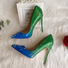 Darmowa Wysyłka Moda Kobiety Pompy Gradientowe Kolor Green Blue Patent Leather Spikes High Heels Sandals 12 CM 10 CM Zupełnie Nowy