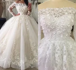 New Vintage Ball Gown Abiti da sposa fuori spalla pizzo Appliques fiori maniche lunghe organza sweep treno formale plus size abiti da sposa