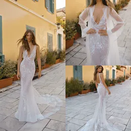 2019 Mermaid Wedding Dresses V Neck Backless Illusion Bodice Sweep Train Lace Beaded Berta Beach Wedding Dress With Wrap Boho Bridal Gowns