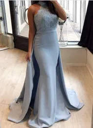 2019 Sexy Light Sky Blue Mermaid Prom Dresses Kant Applicaties Halter Overskirt Mouwloze Sweep Train Midden-Oosten Party Avondjurken Slijtage