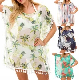 Nowy Styl Szydełkowy Szyfonowy Szyfonowy Sheer Swimwear Bikini Cover-Ups Casual Luźne Batwing Rękaw Tassels Mini Dress