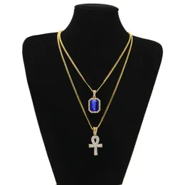 Cross Pendant Halsband Sätta Män Hip Hop Smycken Egyptisk Ankh Key of Life Bling Rhinestone Charm med Red Ruby Couple Statement Halsband