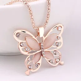 Nowa Moda Nieskazitelna Kobiety Pani Naszyjnik Choker Wiszący Rose Złoto Opal Butterfly Wisiorek Wyśmienity Naszyjnik Sweter Łańcuch