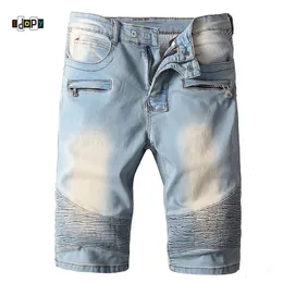 Idopy Men`s Denim Shorts Designer Washed Vintage Motorcycle High Street Multi Pockets Biker Jeans Pants For Male