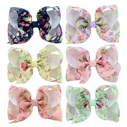 Beauty Print Flower 4inch Grosgrain Ribbon Bow With Clip For Girls Baby Handemade Floral Bows Hair Accessories 12pcs HD772