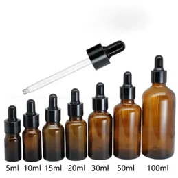 Hot Sale Amber Glass Essential Oil Liquid Reagent Pipette Empty Dropper Bottles 5ml 10ml 15ml 20ml 30ml 50ml 100ml With Black Cap