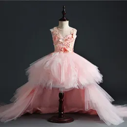 2019 Różowe Kwiaty Dziewczyny Suknie Koronkowe Aplikacje Wysoka Niska Księżniczka Wedding Party Prom Sukniejs Dziewczyna Korowód Dress Brides Kids Nosić szaty De Fête