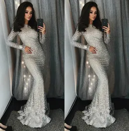 Elegant Silver Mermaid Prom Dresses 2019 Jewel Neck Sequined Formal Evening Gowns Long Sleeves Pageant Party Dress Plus Size